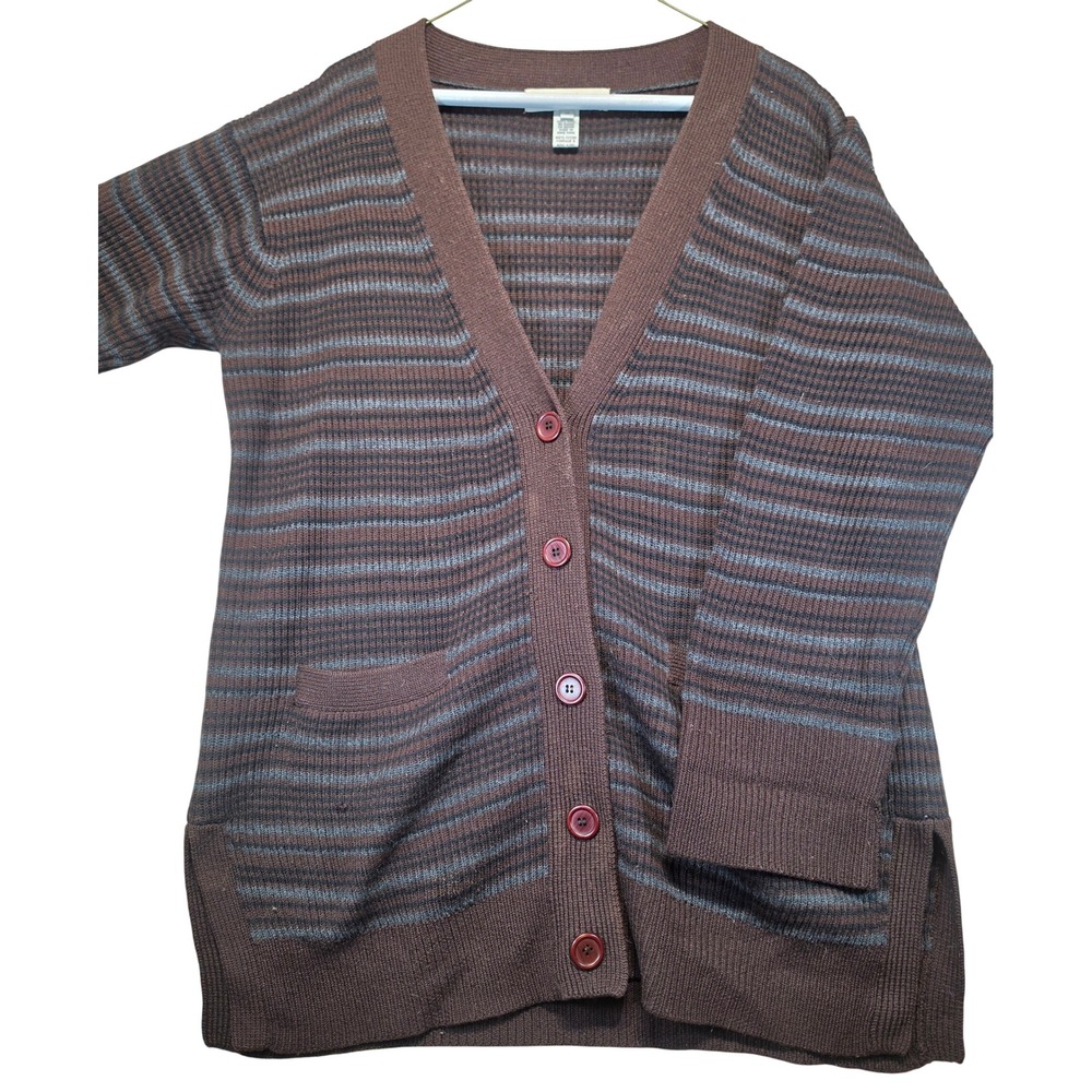 Jones & Co 100% Wool Striped Cardigan Sweater Brown Blue V-Neck Size M